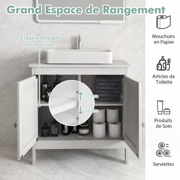 Cabinet Sous Évier Meuble Indépendant avec 2 Portes Étagère Réglable en 3 Positions et Découpe en U Organisateur de Lavabo Blanc