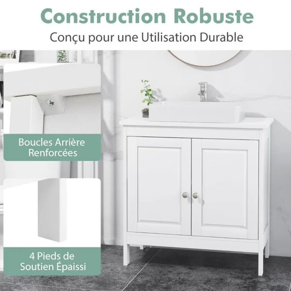 Cabinet Sous Évier Meuble Indépendant avec 2 Portes Étagère Réglable en 3 Positions et Découpe en U Organisateur de Lavabo Blanc