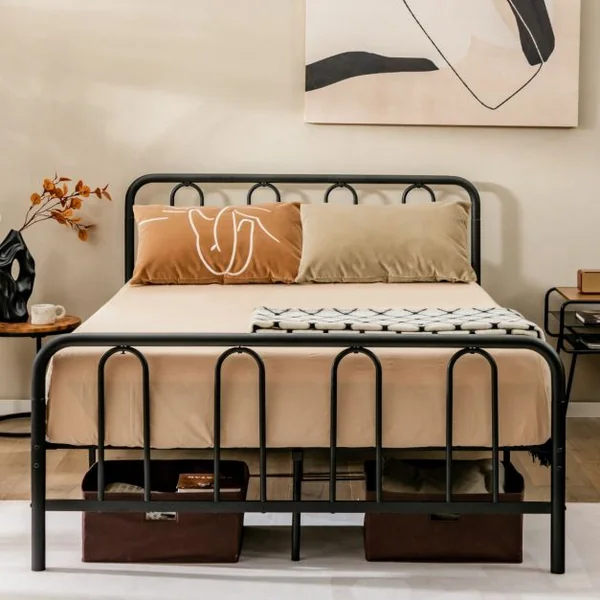 Cadre de Lit 140 x 190 avec Sommier en Métal 32 cm Lit Double pour Adulte Support de Lattes en Acier avec Rangement sous Le Lit Noir