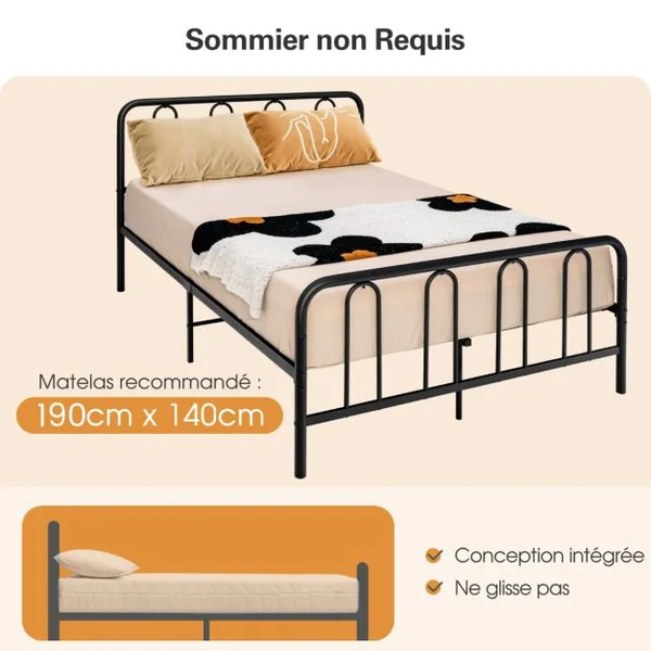 Cadre de Lit 140 x 190 avec Sommier en Métal 32 cm Lit Double pour Adulte Support de Lattes en Acier avec Rangement sous Le Lit Noir