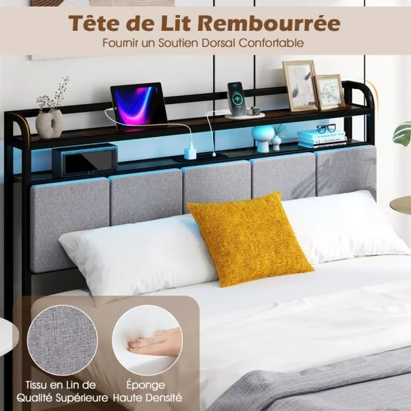 Cadre de Lit avec Station de Charge Lit d'Appoint avec Tête de Lit Rembourrée Sommier à Lattes et Éclairage Ajustable
