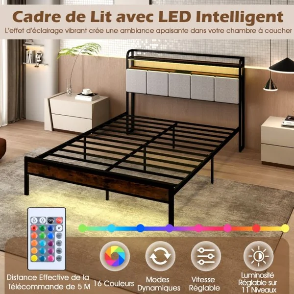 Cadre de Lit avec Station de Charge Lit d'Appoint avec Tête de Lit Rembourrée Sommier à Lattes et Éclairage Ajustable