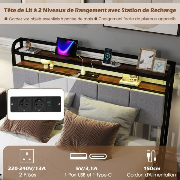Cadre de Lit avec Station de Charge Lit d'Appoint avec Tête de Lit Rembourrée Sommier à Lattes et Éclairage Ajustable