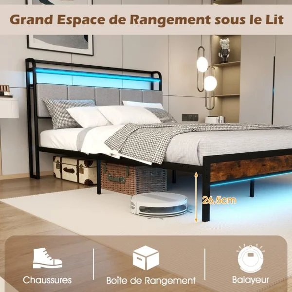 Cadre de Lit avec Station de Charge Lit d'Appoint avec Tête de Lit Rembourrée Sommier à Lattes et Éclairage Ajustable
