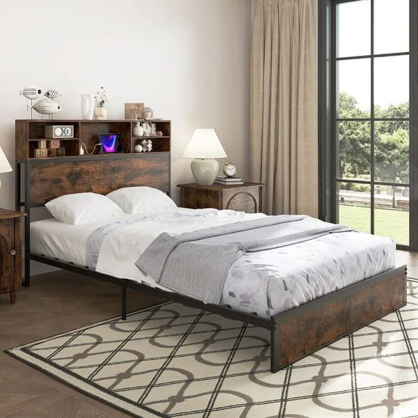 Cadre de Lit Double 200 x 140 cm avec Station de Charge Lit Plateforme en Métal avec Tête de Lit avec Rangement Marron Rustique