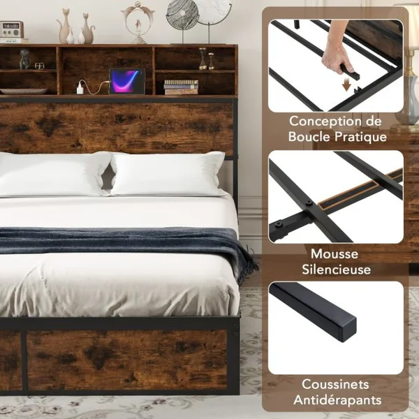 Cadre de Lit Double 200 x 140 cm avec Station de Charge Lit Plateforme en Métal avec Tête de Lit avec Rangement Marron Rustique