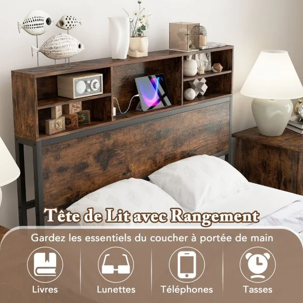 Cadre de Lit Double 200 x 140 cm avec Station de Charge Lit Plateforme en Métal avec Tête de Lit avec Rangement Marron Rustique