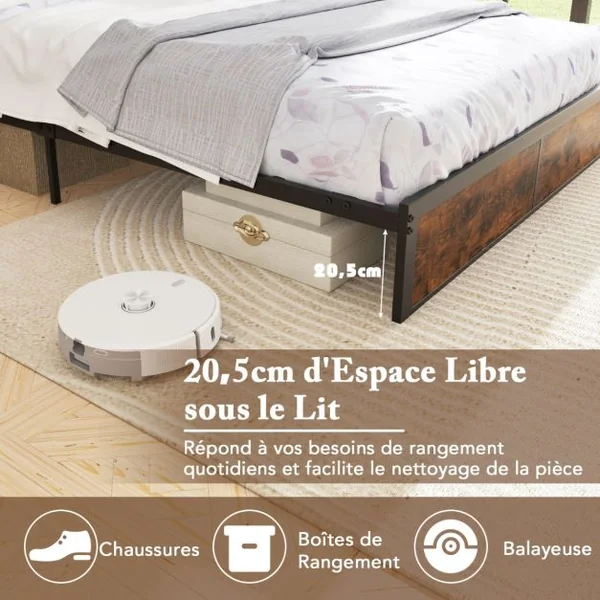 Cadre de Lit Double 200 x 140 cm avec Station de Charge Lit Plateforme en Métal avec Tête de Lit avec Rangement Marron Rustique