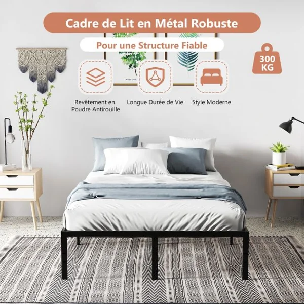 Cadre de Lit King/Queen Size de 36 cm de Haut Lit Plateforme en Métal avec Sommier à Lattes Espace de Rangement Noir