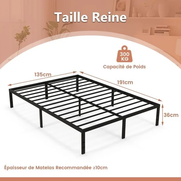 Cadre de Lit King/Queen Size de 36 cm de Haut Lit Plateforme en Métal avec Sommier à Lattes Espace de Rangement Noir