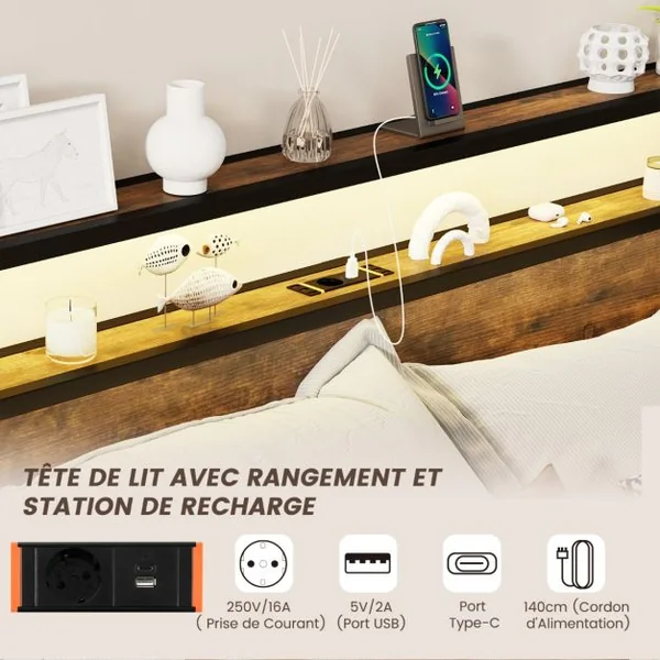 Cadre de Lit LED Taille King avec Station de Charge & 4 Tiroirs Lit à Plateforme avec Tête de Lit de Rangement 200x160cm Marron Rustique