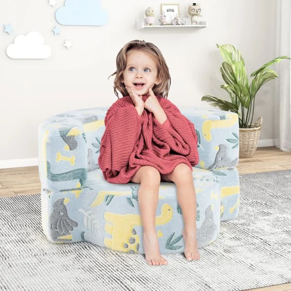 Canapé 2 en 1 Phosphorescent pour Enfants Canapé Convertible avec Housse Amovible et Lavable en Machine Motifs Etoiles pour 3+ Ans Gris/Bleu