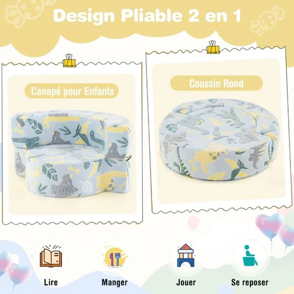 Canapé 2 en 1 Phosphorescent pour Enfants Canapé Convertible avec Housse Amovible et Lavable en Machine Motifs Etoiles pour 3+ Ans Gris/Bleu
