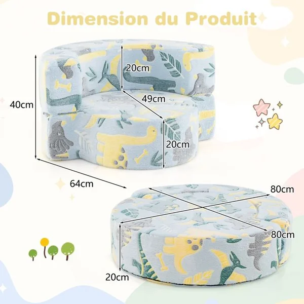 Canapé 2 en 1 Phosphorescent pour Enfants Canapé Convertible avec Housse Amovible et Lavable en Machine Motifs Etoiles pour 3+ Ans Gris/Bleu