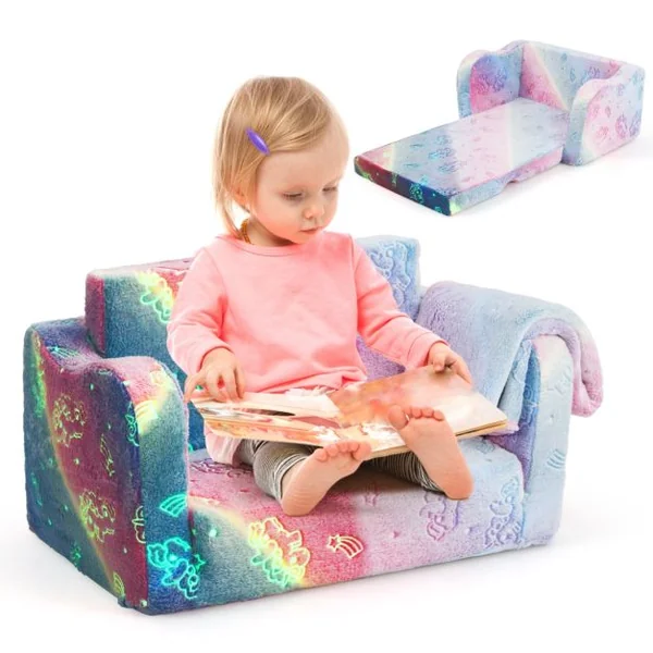 Canapé pour Enfants avec Couverture Canapé et Chaise Longue Pliable Fauteuil Phosphorescent pour 3+ Ans Dinosaure Gris/Licorne Arc-En-Ciel