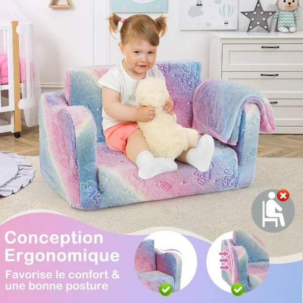 Canapé pour Enfants avec Couverture Canapé et Chaise Longue Pliable Fauteuil Phosphorescent pour 3+ Ans Dinosaure Gris/Licorne Arc-En-Ciel