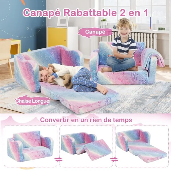 Canapé pour Enfants avec Couverture Canapé et Chaise Longue Pliable Fauteuil Phosphorescent pour 3+ Ans Dinosaure Gris/Licorne Arc-En-Ciel