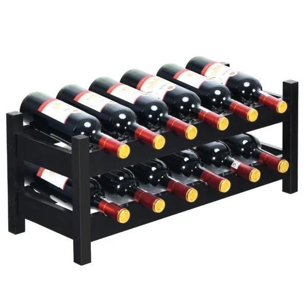 Casier à Vin de 12 Bouteilles Stockage du Vin en Bambou à 2 Niveaux 62x24x25 cm pour Cuisine/Garde-manger/Pub/Cave à vin