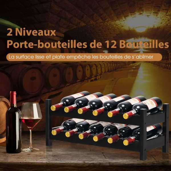 Casier à Vin de 12 Bouteilles Stockage du Vin en Bambou à 2 Niveaux 62x24x25 cm pour Cuisine/Garde-manger/Pub/Cave à vin