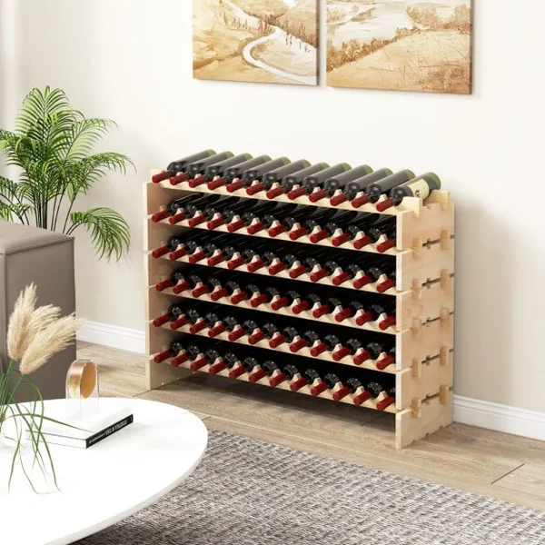 Casier à Vin Modulaire Empilable pour 60 Bouteilles Casier à Vin en Bois à 6 Niveaux Etagère de Présentation de Vin Autoportante Naturel