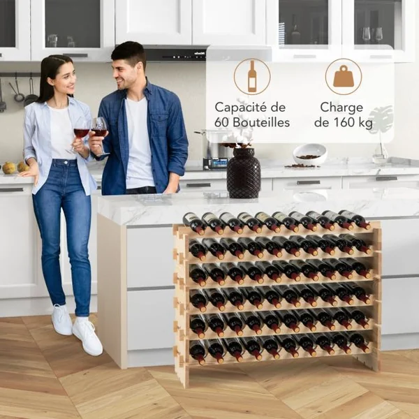 Casier à Vin Modulaire Empilable pour 60 Bouteilles Casier à Vin en Bois à 6 Niveaux Etagère de Présentation de Vin Autoportante Naturel