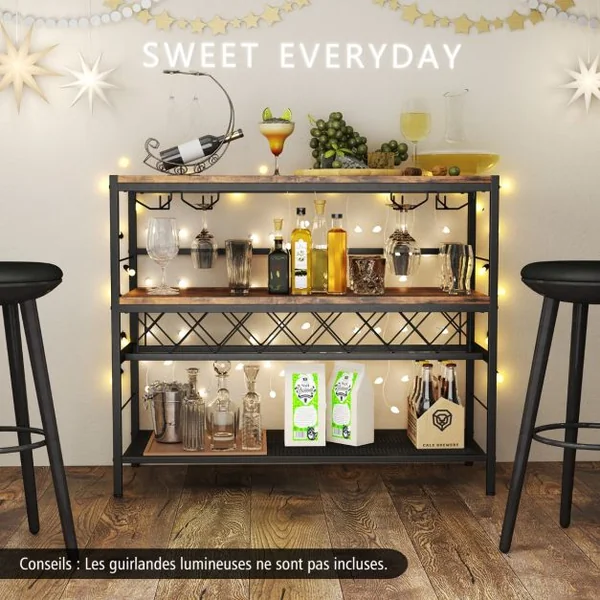 Casier à Vin à 4 Niveaux Table de Bar à Vin de 104cm avec Rangement 4 Rangées de Porte-verres pour 7 Bouteilles et 16 Verres Marron Rustique