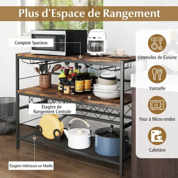 Casier à Vin à 4 Niveaux Table de Bar à Vin de 104cm avec Rangement 4 Rangées de Porte-verres pour 7 Bouteilles et 16 Verres Marron Rustique