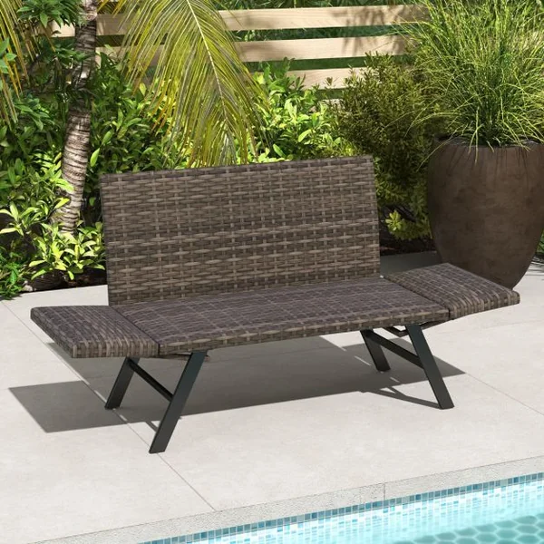 Causeuse Convertible de Terrasse pour 2 Personnes Rembourré en Mousse à Séchage Rapide Accoudoirs Réglables Capacité 300 Kg Gris