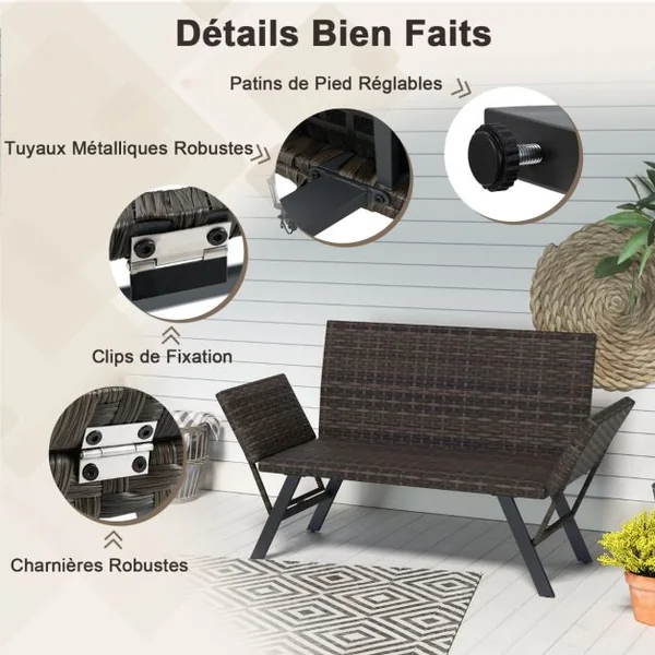 Causeuse Convertible de Terrasse pour 2 Personnes Rembourré en Mousse à Séchage Rapide Accoudoirs Réglables Capacité 300 Kg Gris