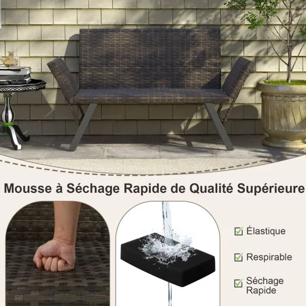 Causeuse Convertible de Terrasse pour 2 Personnes Rembourré en Mousse à Séchage Rapide Accoudoirs Réglables Capacité 300 Kg Gris