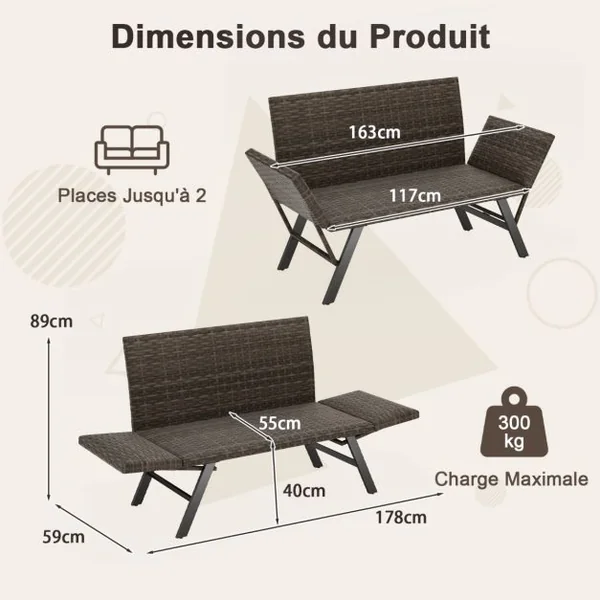 Causeuse Convertible de Terrasse pour 2 Personnes Rembourré en Mousse à Séchage Rapide Accoudoirs Réglables Capacité 300 Kg Gris