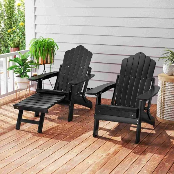 Chaise Adirondack de Patio Chaise Longue Tout Temps HIPS avec Repose-Pieds Rétractable et Dossier Réglable Chaise Longue Pliable Noir