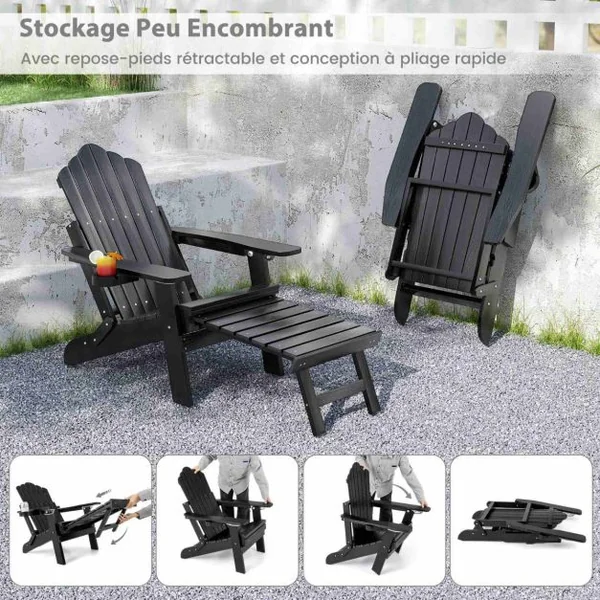 Chaise Adirondack de Patio Chaise Longue Tout Temps HIPS avec Repose-Pieds Rétractable et Dossier Réglable Chaise Longue Pliable Noir