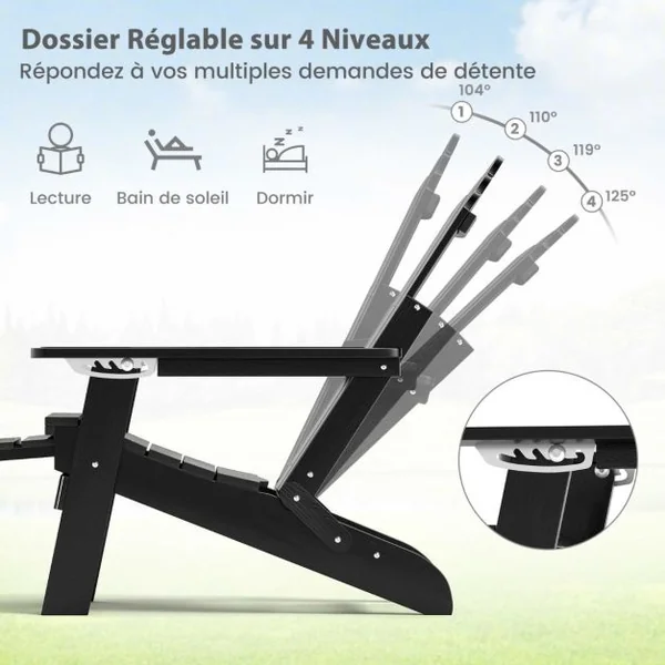 Chaise Adirondack de Patio Chaise Longue Tout Temps HIPS avec Repose-Pieds Rétractable et Dossier Réglable Chaise Longue Pliable Noir