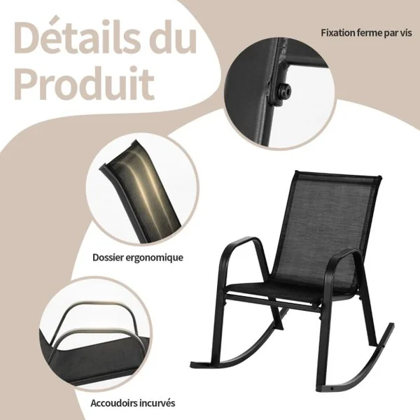 Chaise de Jardin à Bascule Lot de 2 Fauteuil à Bascule avec Accoudoirs Cadre en Métal Rocking Chair Ergonomique 91 x 62 x 86 cm Marron/Noir/Gris