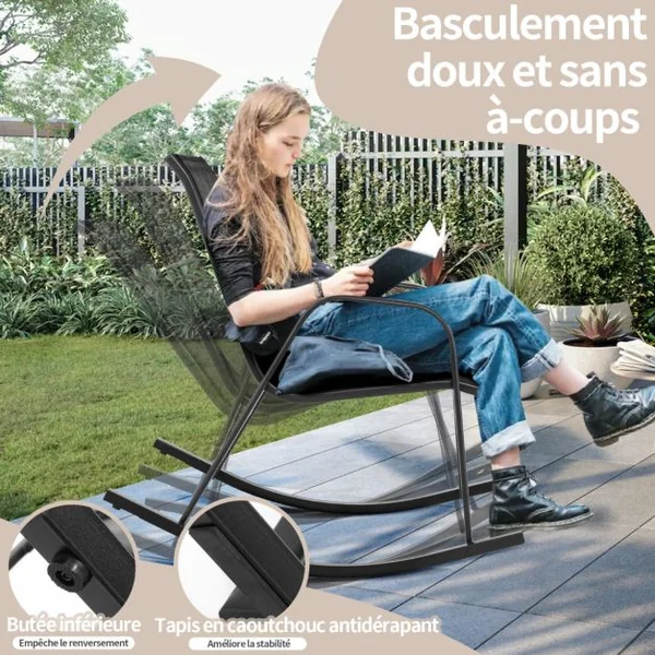 Chaise de Jardin à Bascule Lot de 2 Fauteuil à Bascule avec Accoudoirs Cadre en Métal Rocking Chair Ergonomique 91 x 62 x 86 cm Marron/Noir/Gris