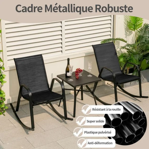 Chaise de Jardin à Bascule Lot de 2 Fauteuil à Bascule avec Accoudoirs Cadre en Métal Rocking Chair Ergonomique 91 x 62 x 86 cm Marron/Noir/Gris
