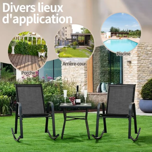 Chaise de Jardin à Bascule Lot de 2 Fauteuil à Bascule avec Accoudoirs Cadre en Métal Rocking Chair Ergonomique 91 x 62 x 86 cm Marron/Noir/Gris