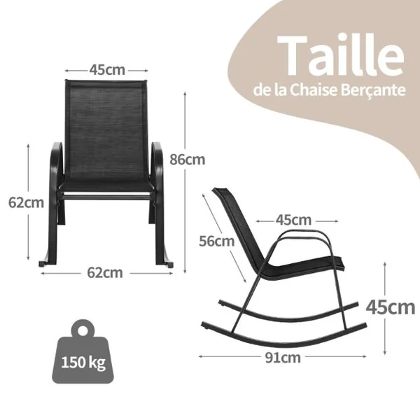 Chaise de Jardin à Bascule Lot de 2 Fauteuil à Bascule avec Accoudoirs Cadre en Métal Rocking Chair Ergonomique 91 x 62 x 86 cm Marron/Noir/Gris