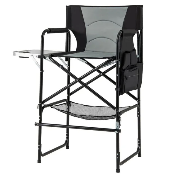 Chaise de Réalisateur Haute de 116,5 cm Chaise de Maquilleuse Pliante avec Table d'Appoint Pliable et Repose-Pied Noir + Gris
