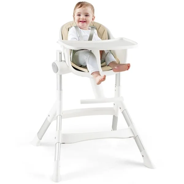 Chaise Haute Bébé Convertible 4-en-1 Hauteur Réglable Plateau Réglable et Coussin de Siège Amovible 6-36 Mois 15KG Beige