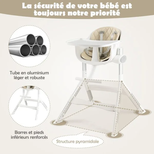 Chaise Haute Bébé Convertible 4-en-1 Hauteur Réglable Plateau Réglable et Coussin de Siège Amovible 6-36 Mois 15KG Beige