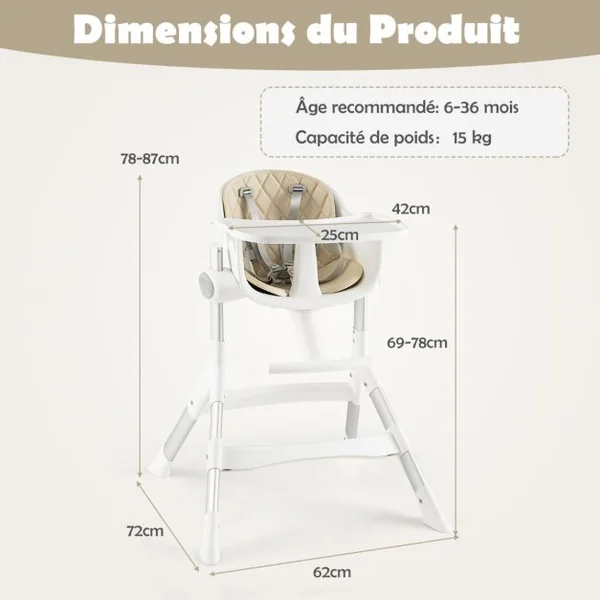 Chaise Haute Bébé Convertible 4-en-1 Hauteur Réglable Plateau Réglable et Coussin de Siège Amovible 6-36 Mois 15KG Beige