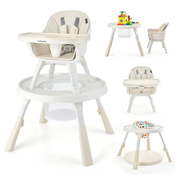 Chaise Haute pour Bébé 6-en-1 avec Ceinture de Sécurité Hauteur Réglable Plateau et Panier de Rangement Beige