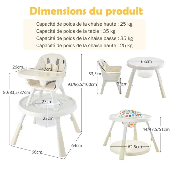 Chaise Haute pour Bébé 6-en-1 avec Ceinture de Sécurité Hauteur Réglable Plateau et Panier de Rangement Beige