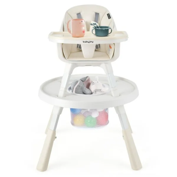 Chaise Haute pour Bébé 6-en-1 avec Ceinture de Sécurité Hauteur Réglable Plateau et Panier de Rangement Beige