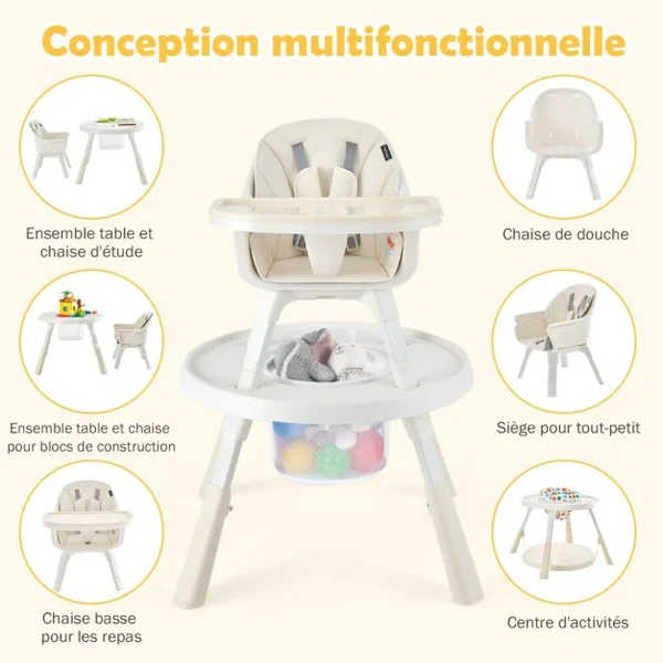 Chaise Haute pour Bébé 6-en-1 avec Ceinture de Sécurité Hauteur Réglable Plateau et Panier de Rangement Beige