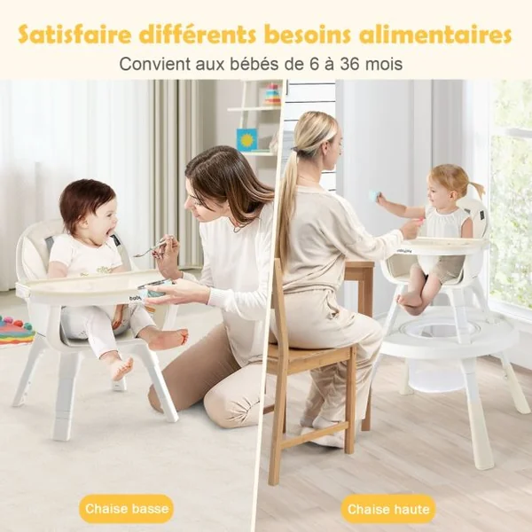 Chaise Haute pour Bébé 6-en-1 avec Ceinture de Sécurité Hauteur Réglable Plateau et Panier de Rangement Beige