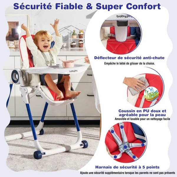 Chaise Haute pour Bébé avec 6 Hauteurs Réglables de 6 à 36 Mois Ceintures de Sécurité à 5 Points Coloré