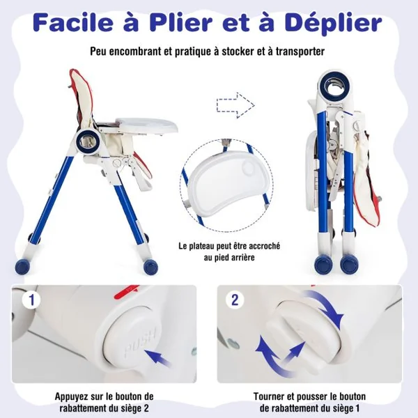 Chaise Haute pour Bébé avec 6 Hauteurs Réglables de 6 à 36 Mois Ceintures de Sécurité à 5 Points Coloré